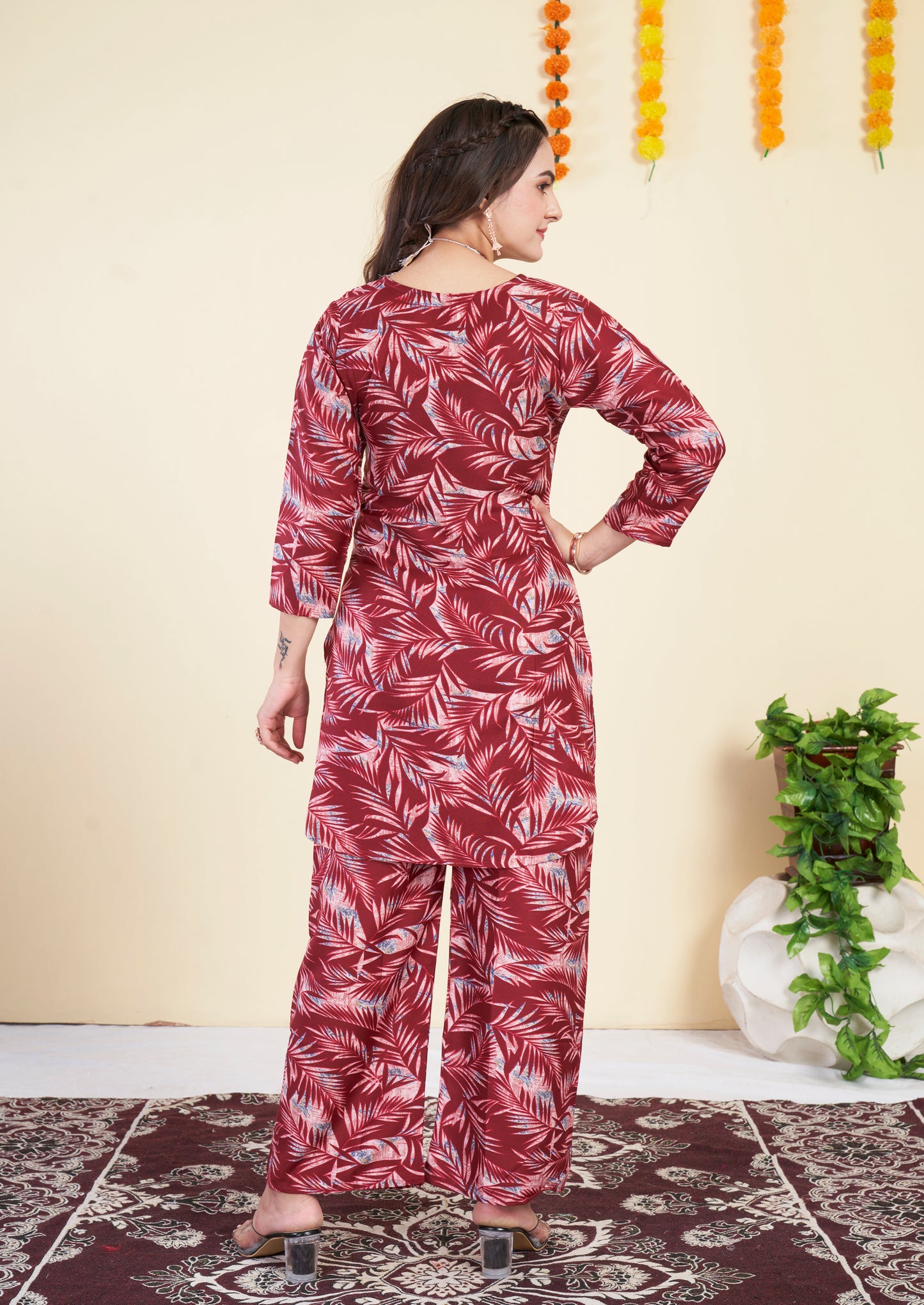 New Maroon Leves Printed Cotton Co ord Set