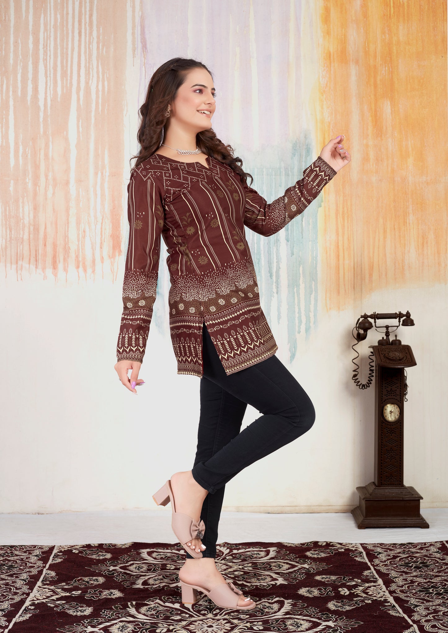 Brown Choko Moko Cotton Printed Short Kurti With Full Sleeves