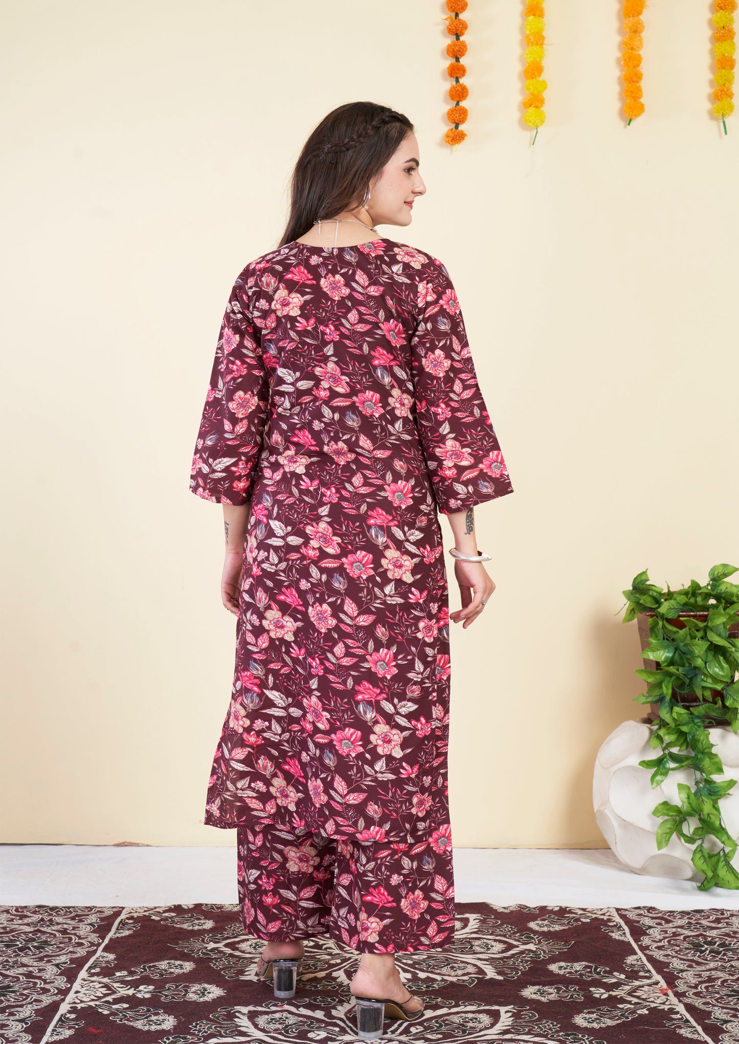 Floral Maroon Cotton Printed Co ord set