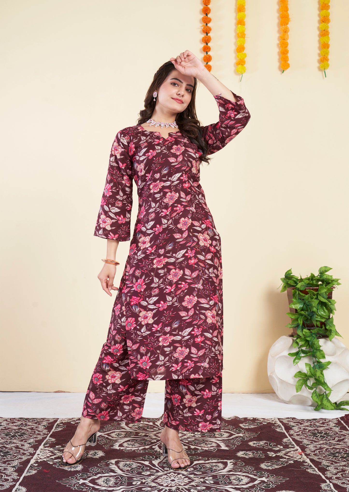 Floral Maroon Cotton Printed Co ord set