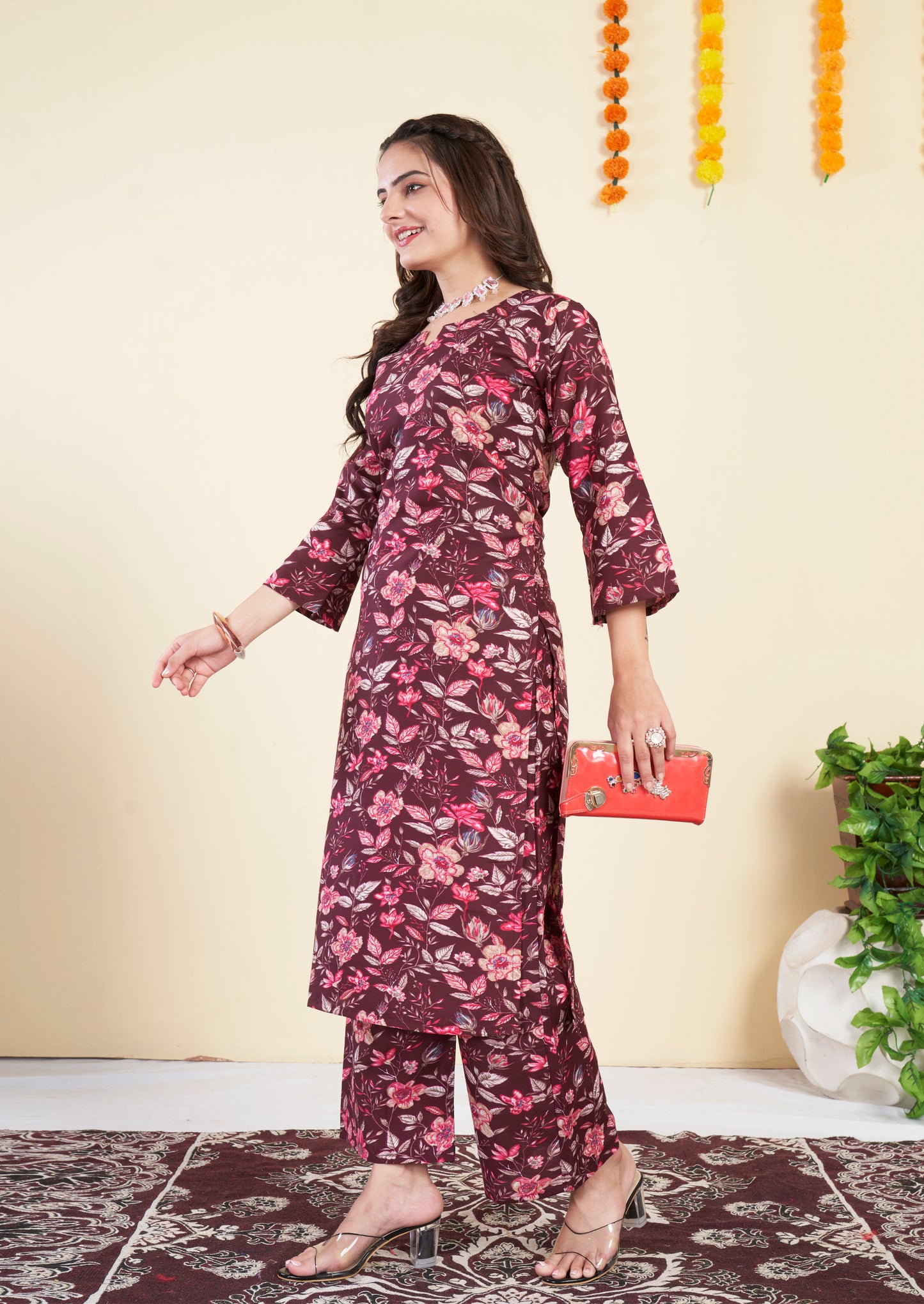 Floral Maroon Cotton Printed Co ord set