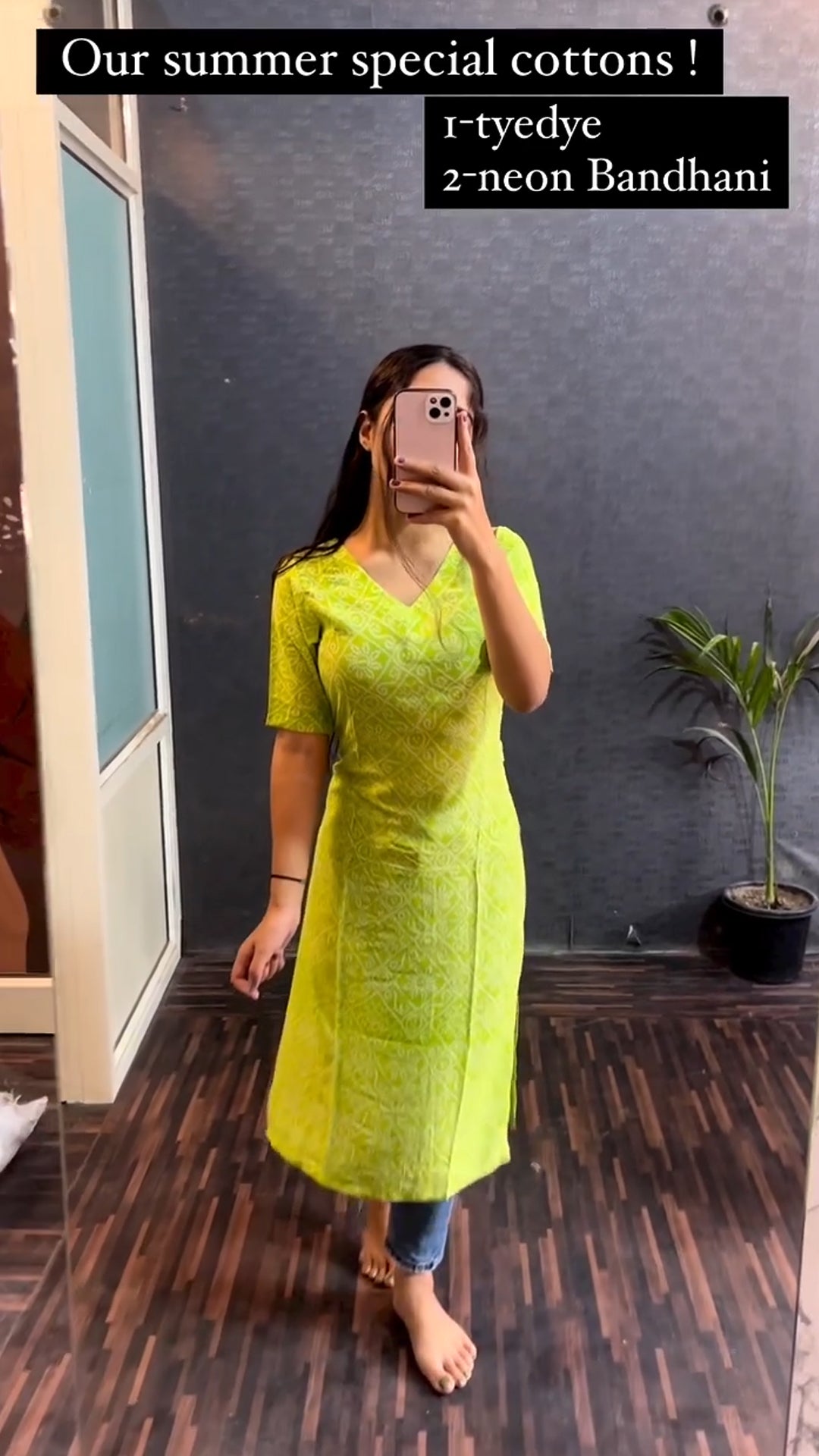 Neon Bandhani Printed Cotton Kurti with lining