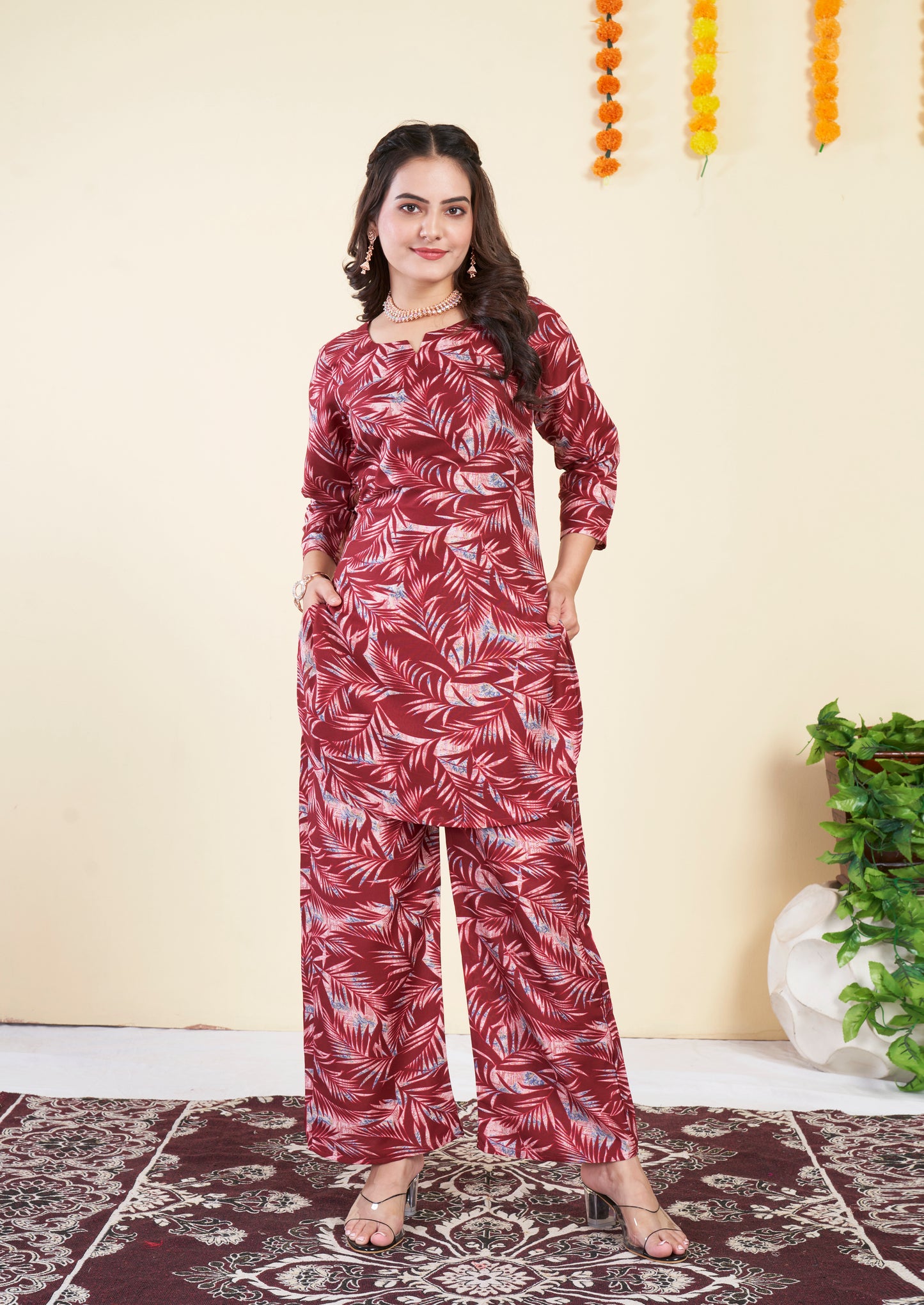 New Maroon Leves Printed Cotton Co ord Set