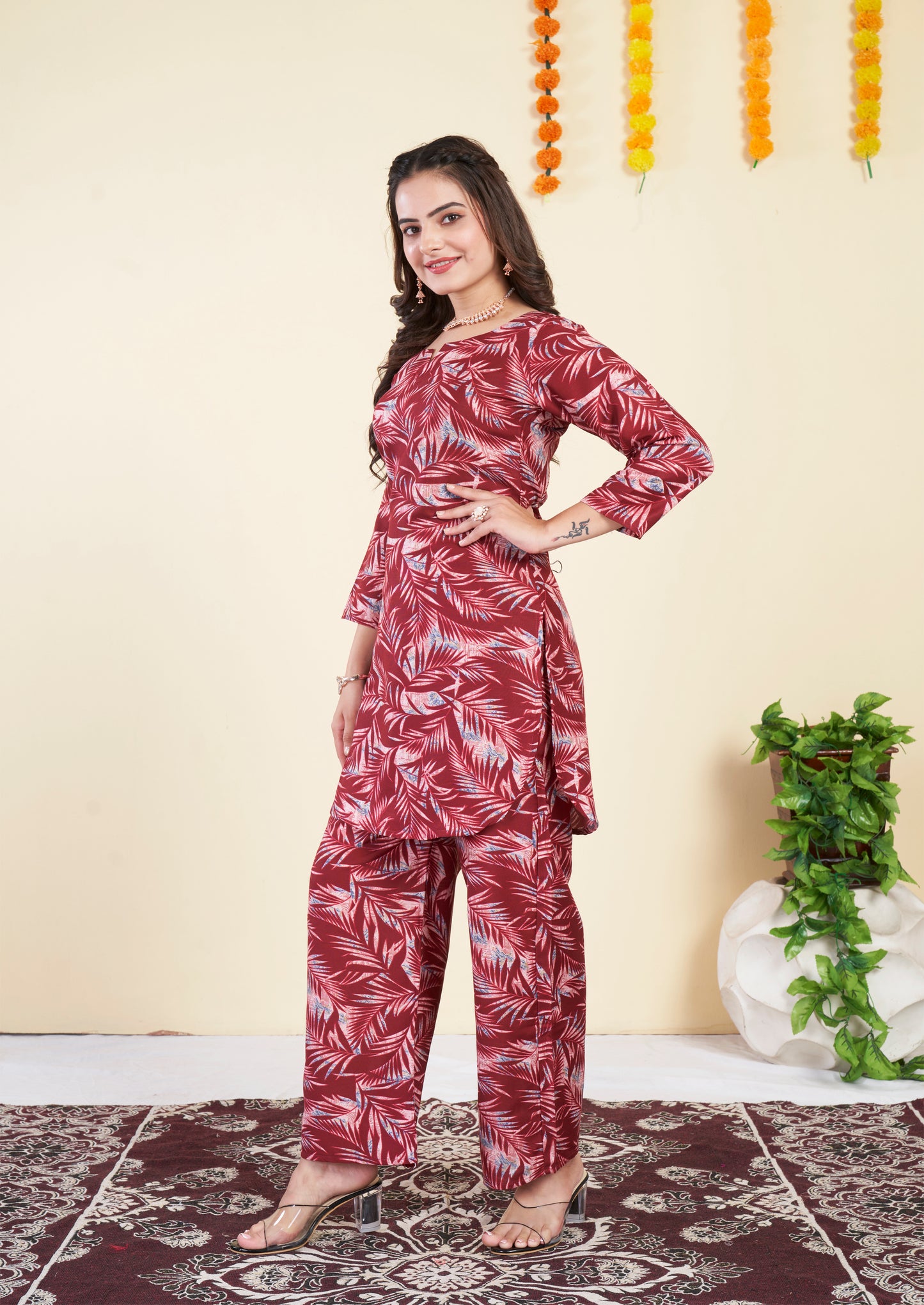 New Maroon Leves Printed Cotton Co ord Set