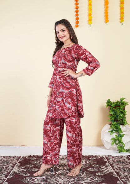 New Maroon Leves Printed Cotton Co ord Set
