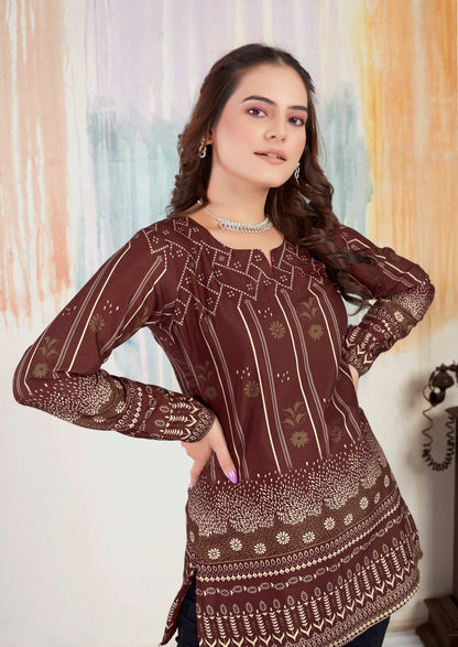 Brown Choko Moko Cotton Printed Short Kurti With Full Sleeves