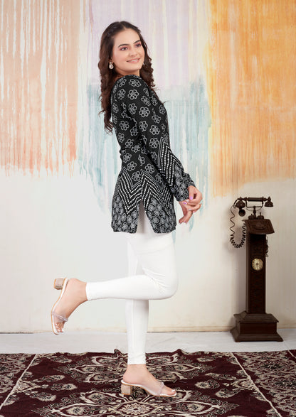 Black Floral Bandhani Printed Short Kurtis