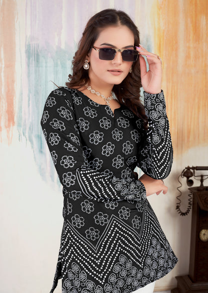 Black Floral Bandhani Printed Short Kurtis