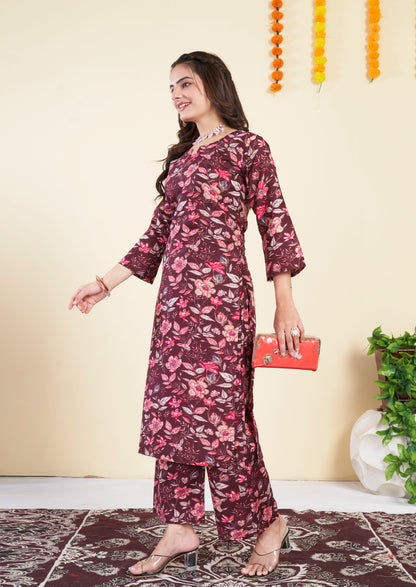 Floral Maroon Cotton Printed Co ord set