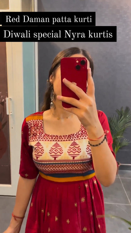 Red Rayon Printed Cotton Nayra Cut Kurti