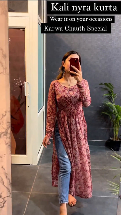 Maroon Rayon Printed Cotton Nayra Cut Kurti