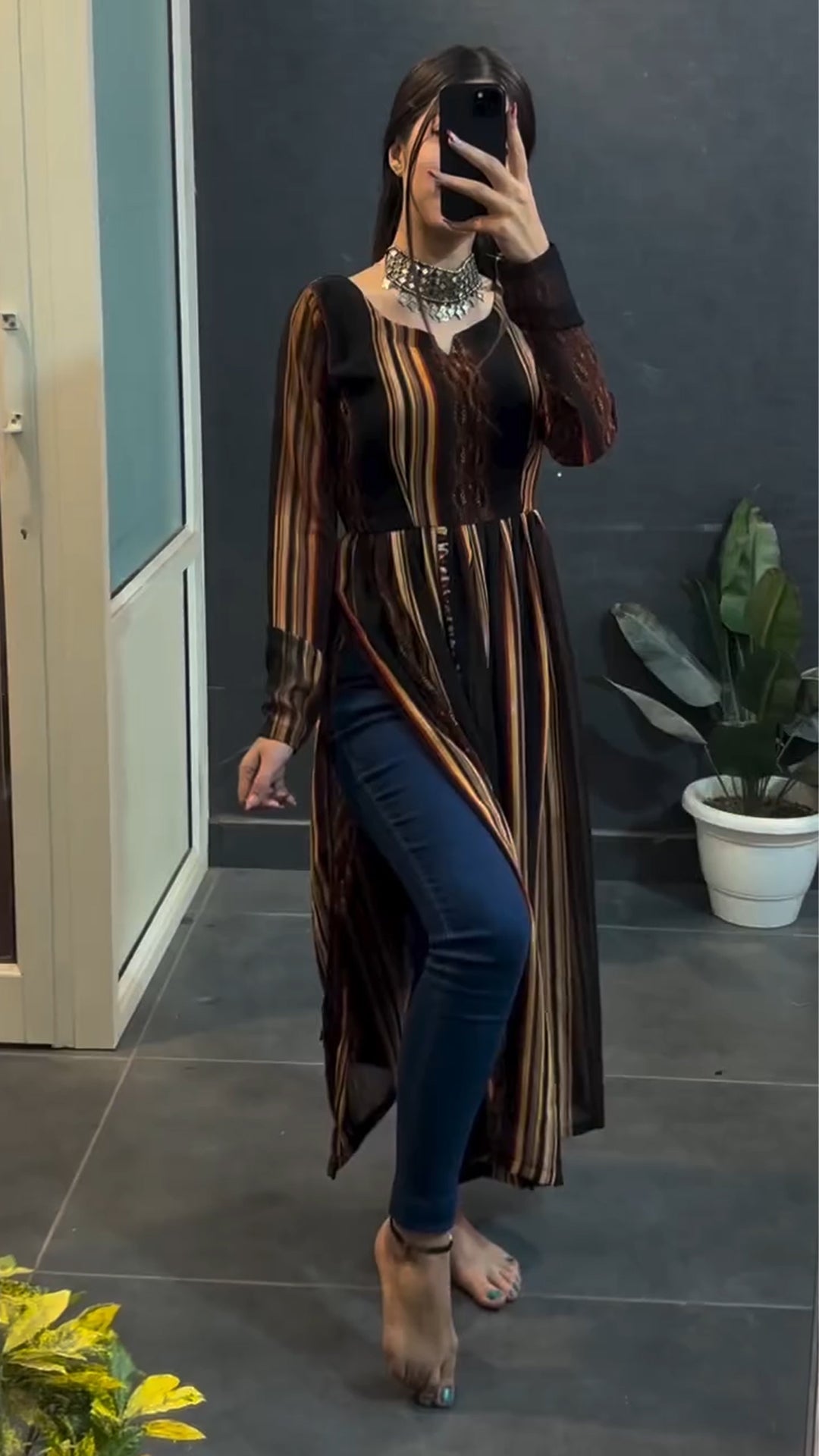 Brown Schiffon Multi Striped Nyra Kurti