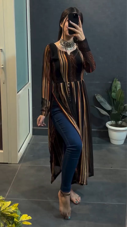 Brown Schiffon Multi Striped Nyra Kurti