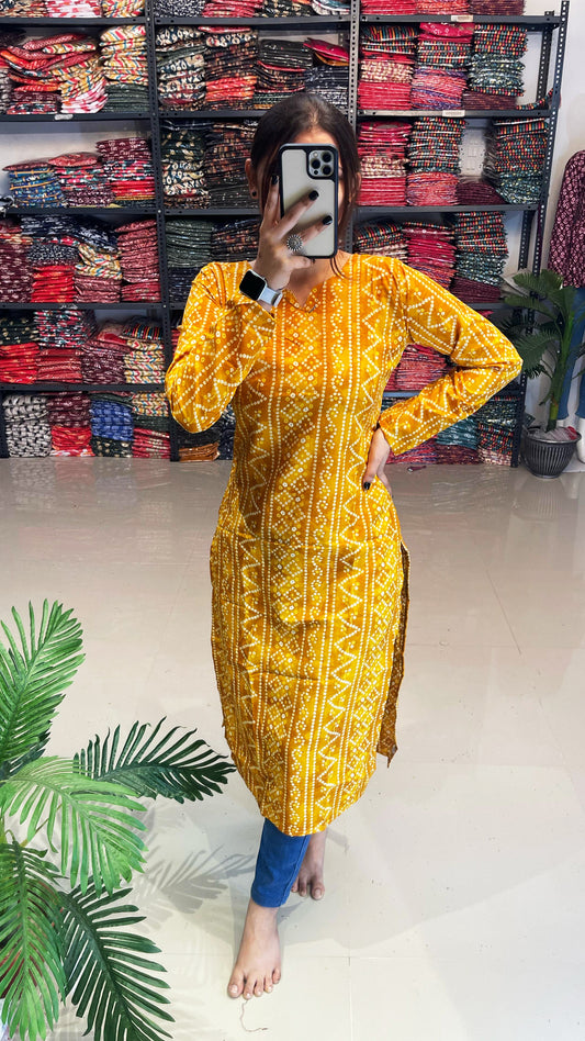 Yellow Bandhani Printed Kurti For Women