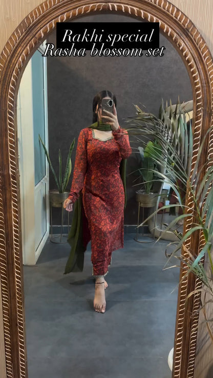 Rasha Rust Blossom Kurta Pant Dupatta Set
