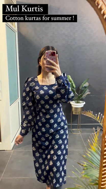 Blue Pongal Cotton Printed Kurti in Full Sleeves