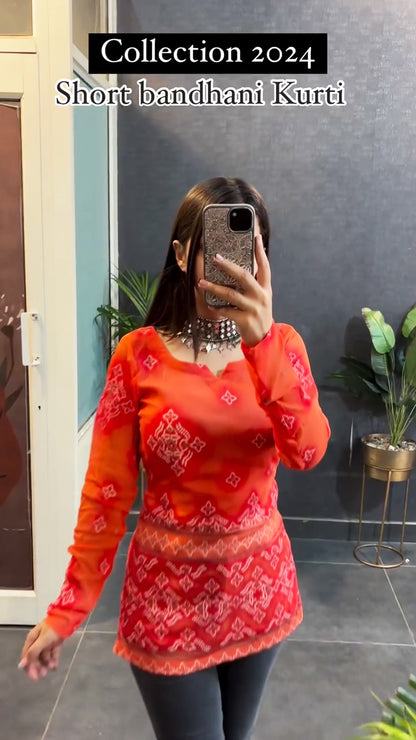Festive Special Short Rust Orange Bandhani Short Kurti