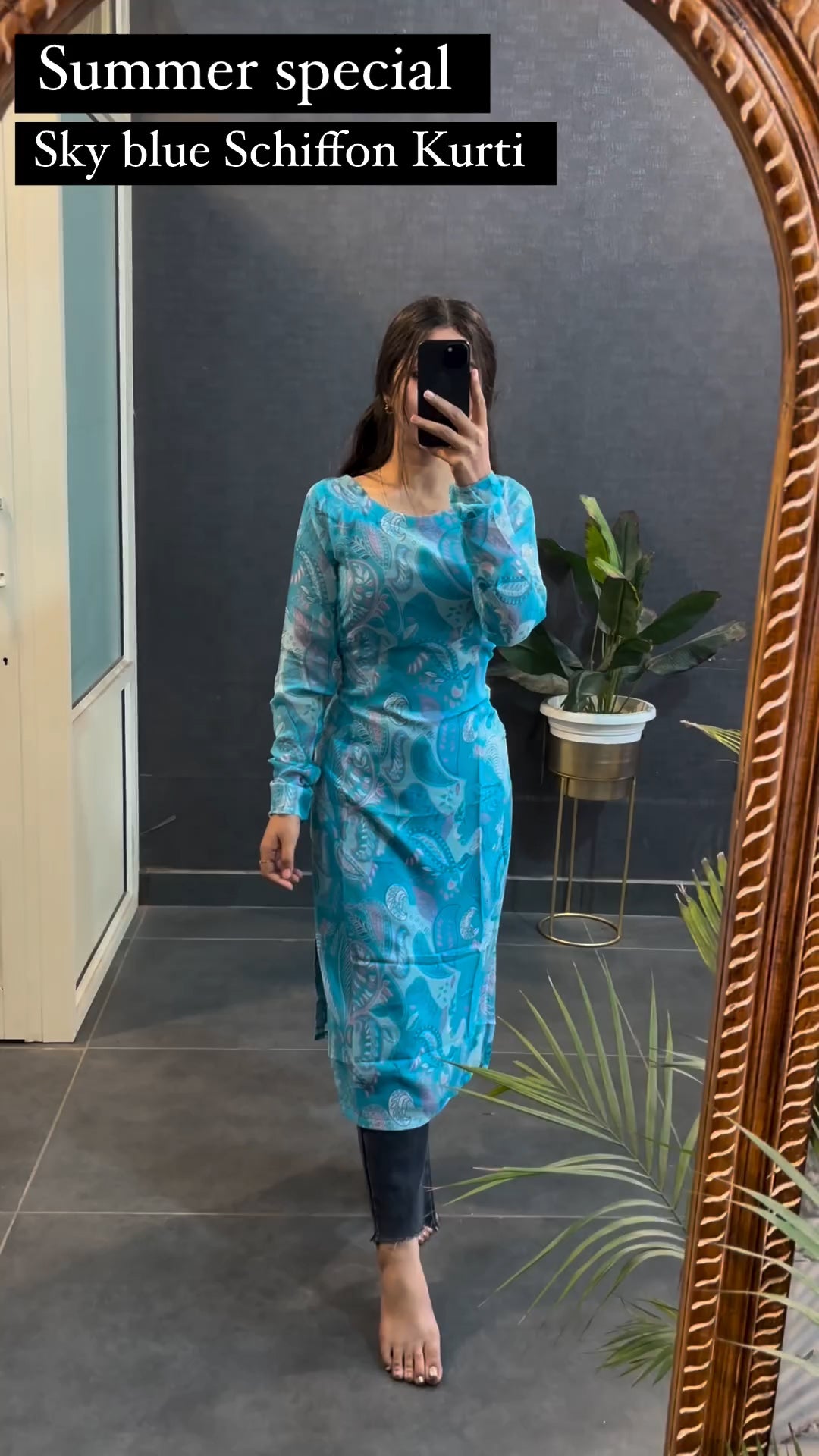 Sky Blue Schiffon Printed Kurti For Women