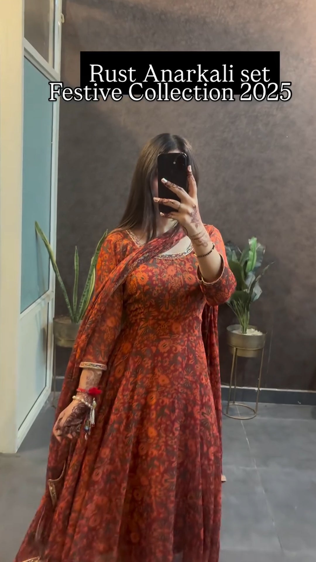 Rust Floral Anarkali Set with Dupatta