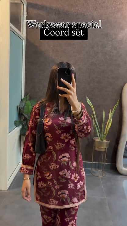 Maroon Floral Printed Workwear Coord Set