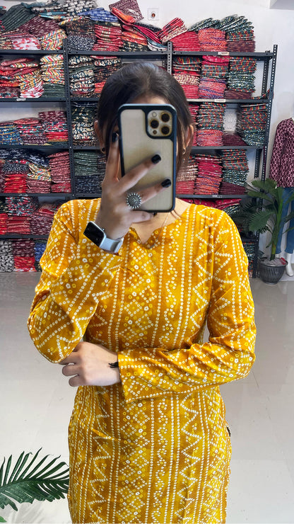 Yellow Bandhani Printed Kurti For Women