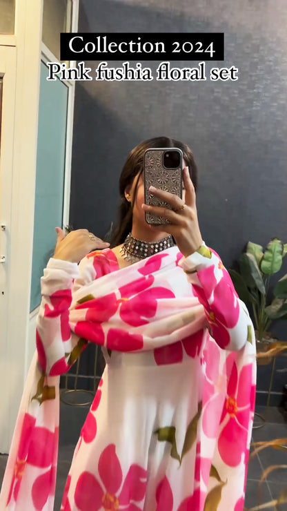 New Collection Pink Fushia Floral Set in Long Sleeves with Duppta