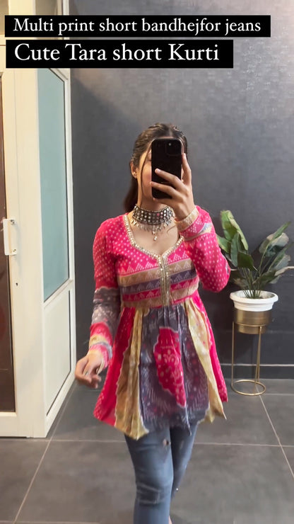 Multi Color Printed Short Bandhej Top