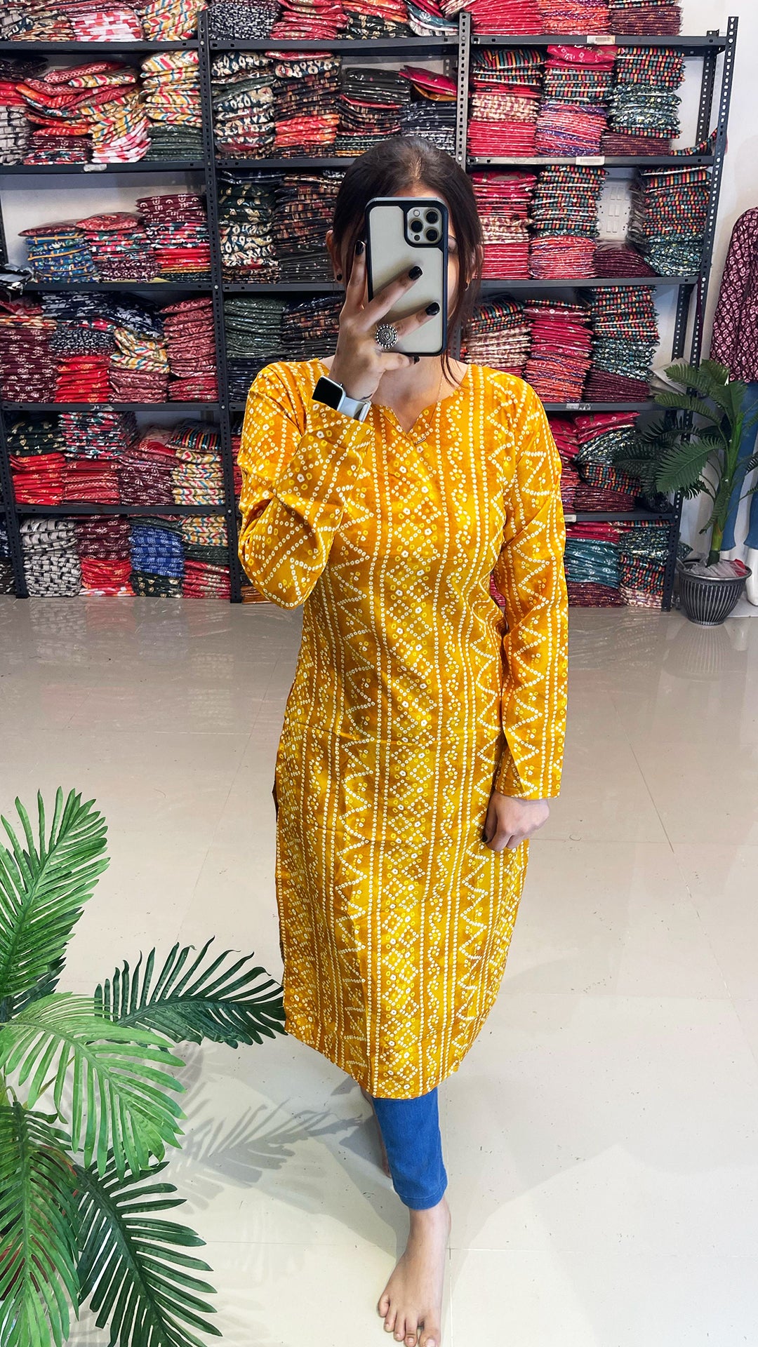 Yellow Bandhani Printed Kurti For Women