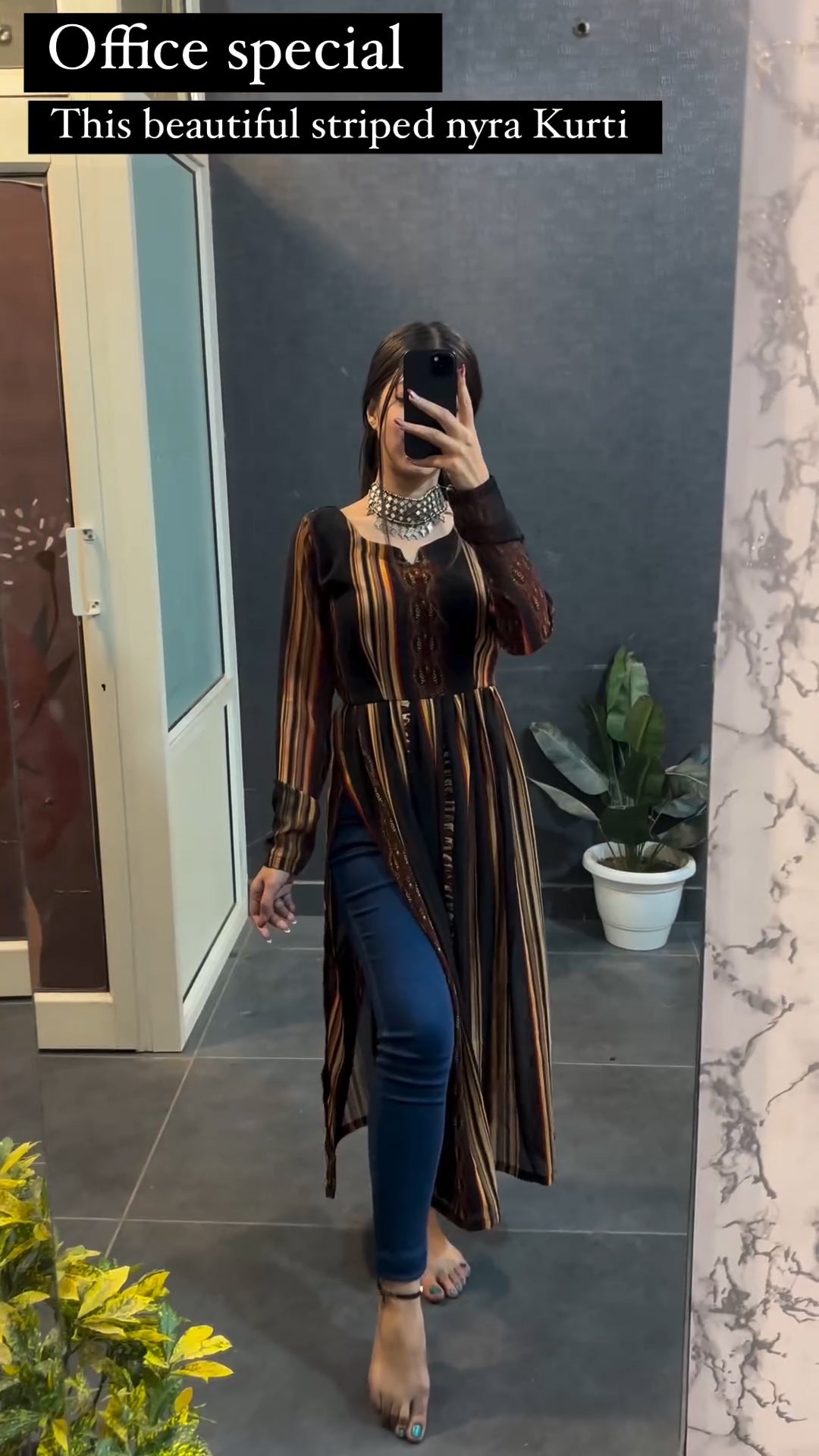 Brown Schiffon Multi Striped Nyra Kurti