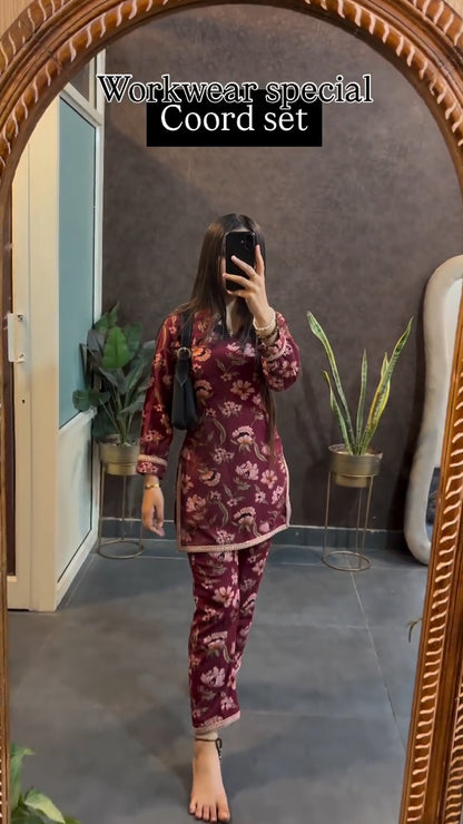 Maroon Floral Printed Workwear Coord Set
