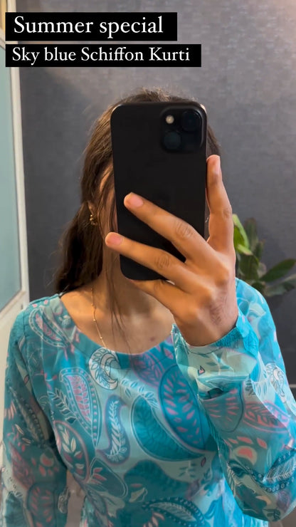 Sky Blue Schiffon Printed Kurti For Women
