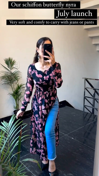 Black Schiffon Printed Butterfly Nyra Cut Kurti