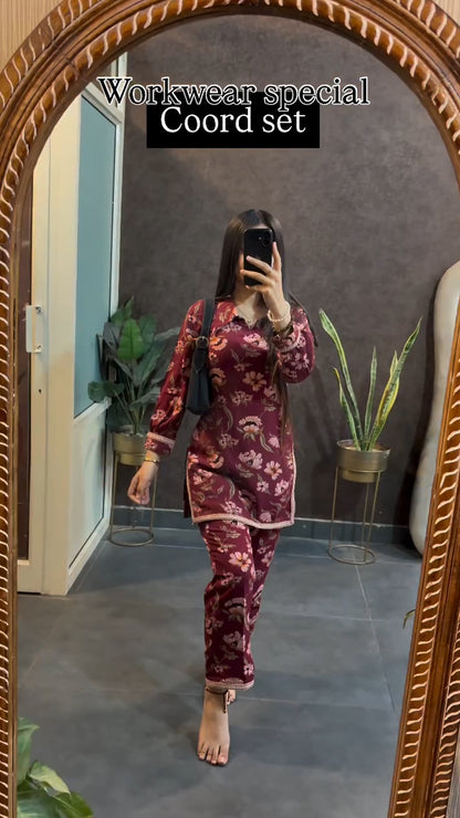 Maroon Floral Printed Workwear Coord Set
