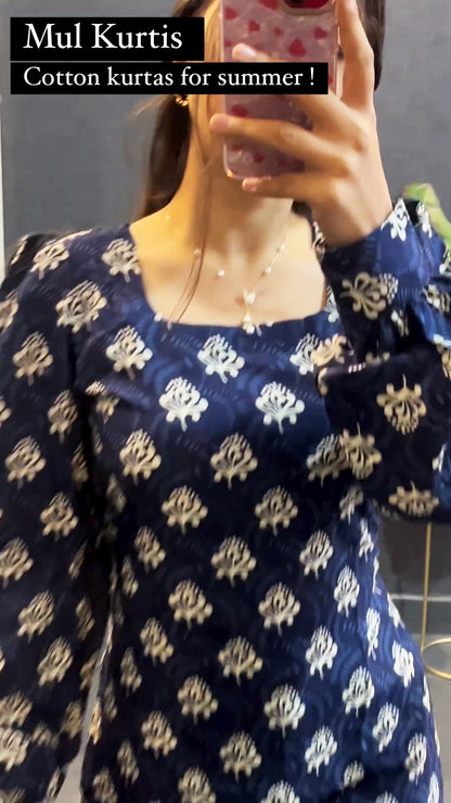 Blue Pongal Cotton Printed Kurti in Full Sleeves
