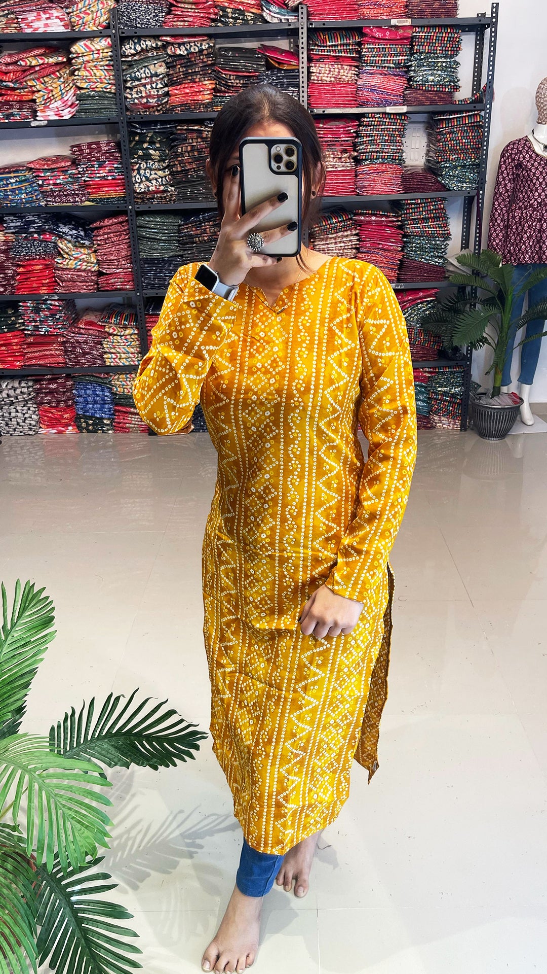 Yellow Bandhani Printed Kurti For Women