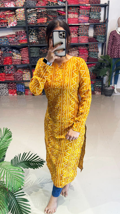 Yellow Bandhani Printed Kurti For Women