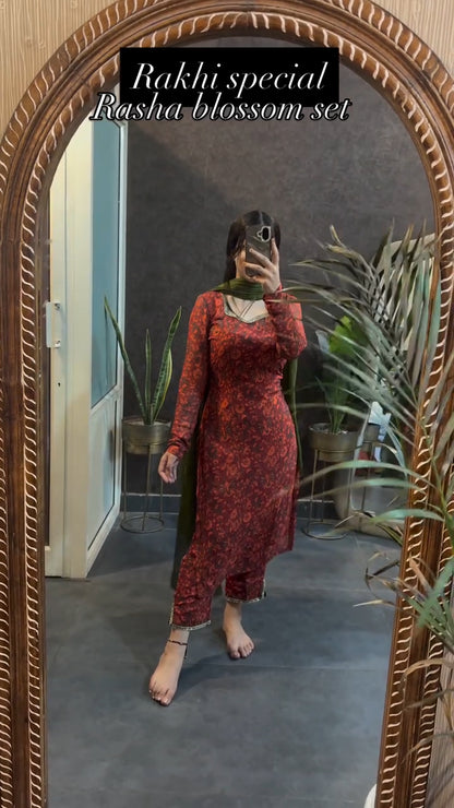 Rasha Rust Blossom Kurta Pant Dupatta Set