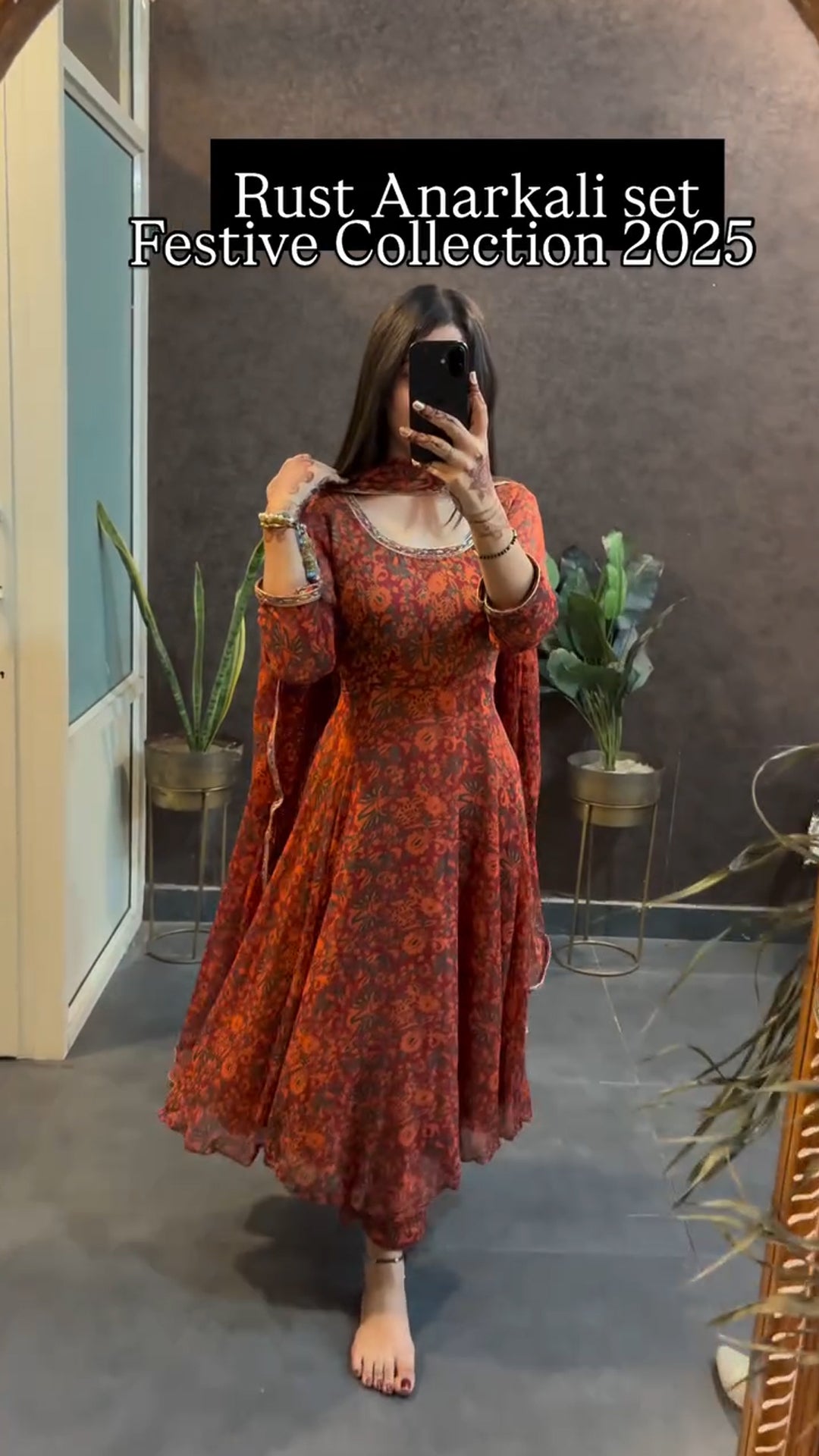 Rust Floral Anarkali Set with Dupatta