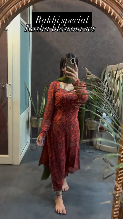 Rasha Rust Blossom Kurta Pant Dupatta Set