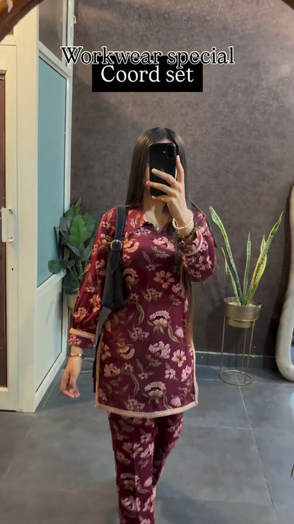 Maroon Floral Printed Workwear Coord Set