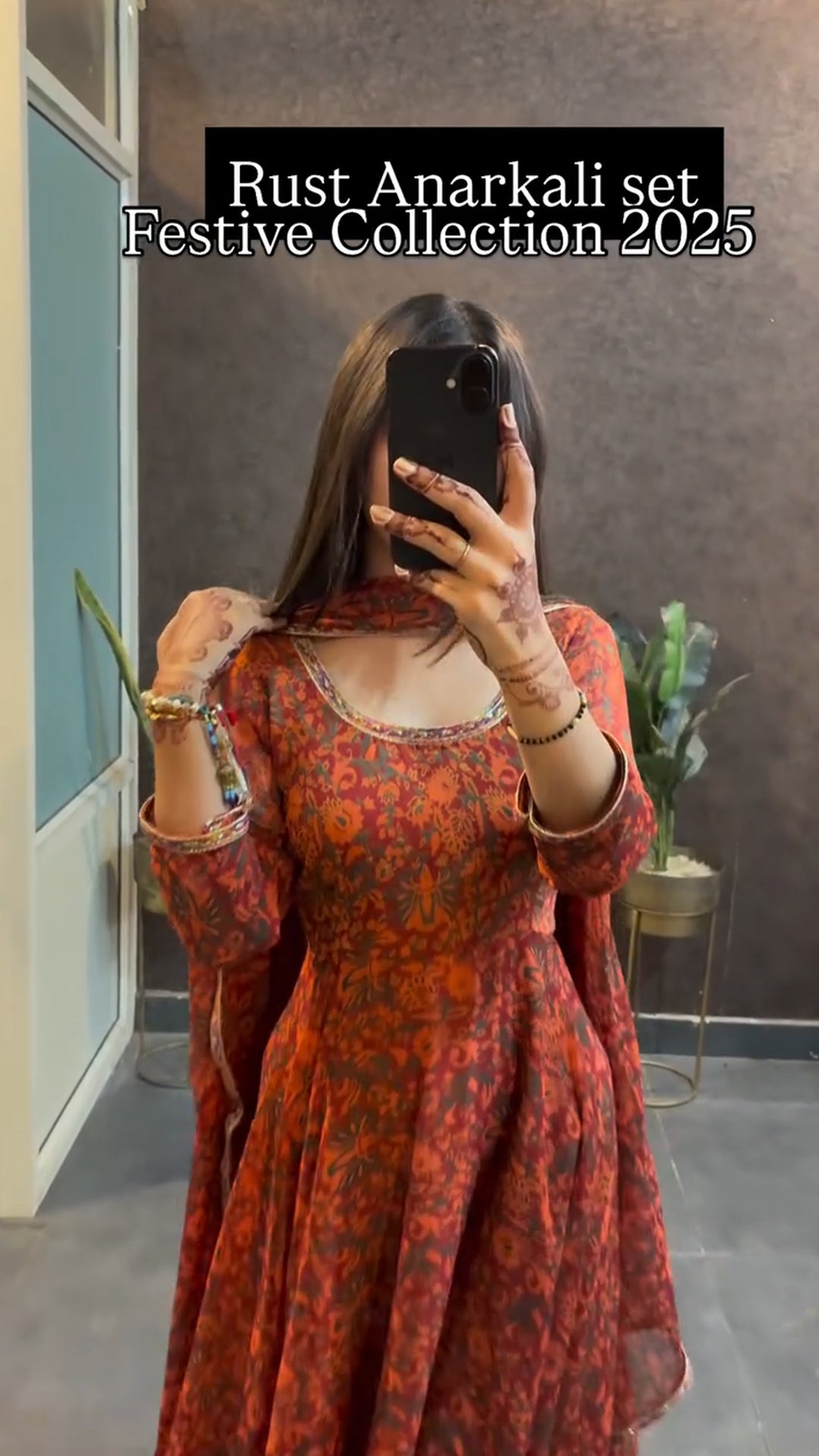 Rust Floral Anarkali Set with Dupatta