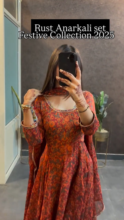 Rust Floral Anarkali Set with Dupatta