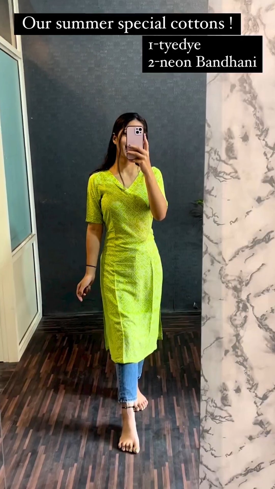 Neon Bandhani Printed Cotton Kurti with lining