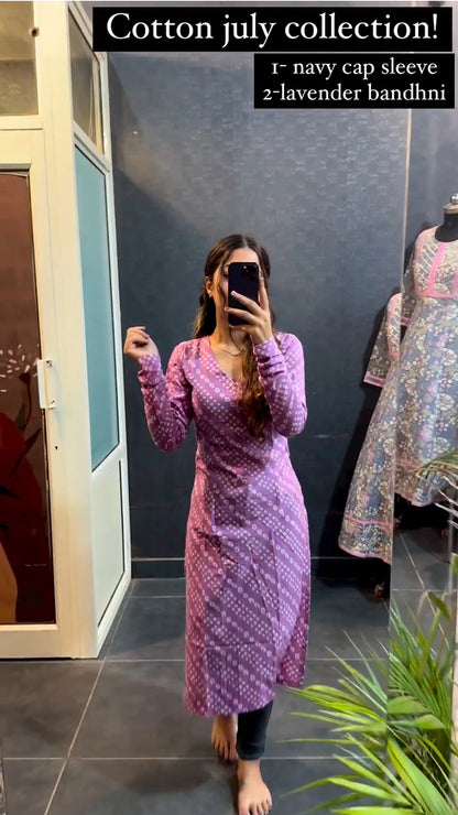 Lavendar Cotton Bandhani Kurti For Womens