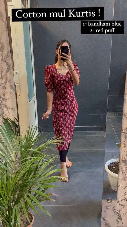 Red Fuff Sleeves Cotton Printed Kurti