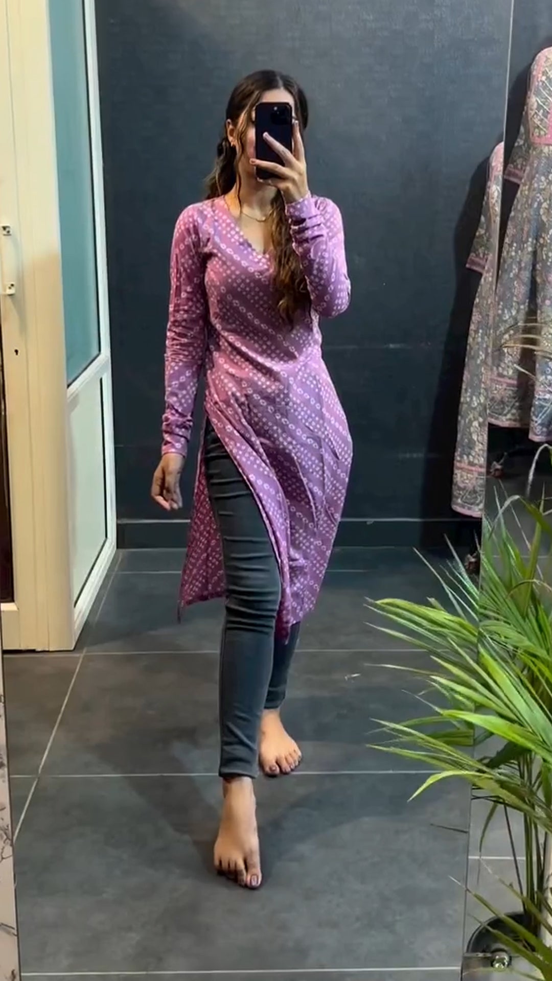 Lavendar Cotton Bandhani Kurti For Womens