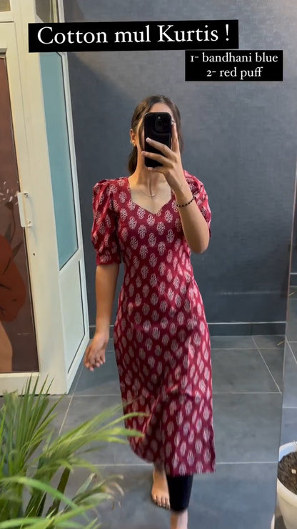 Red Fuff Sleeves Cotton Printed Kurti
