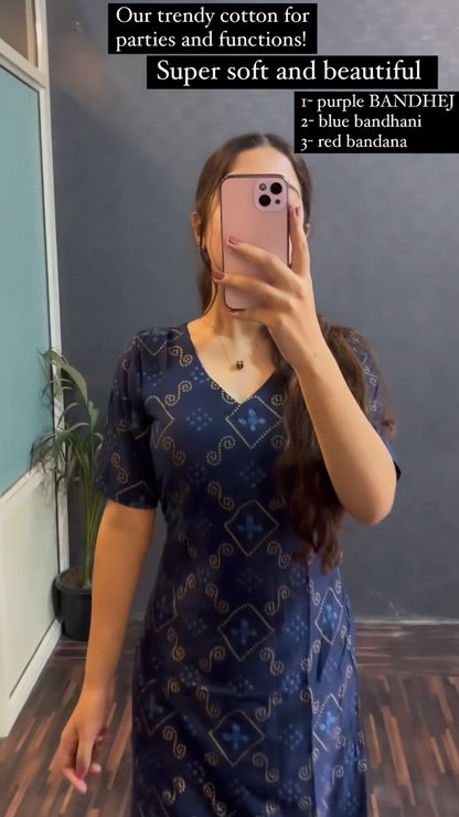 New Womens Blue Soft Cotton Printed Kurti