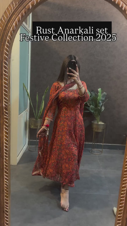 Rust Floral Anarkali Set with Dupatta