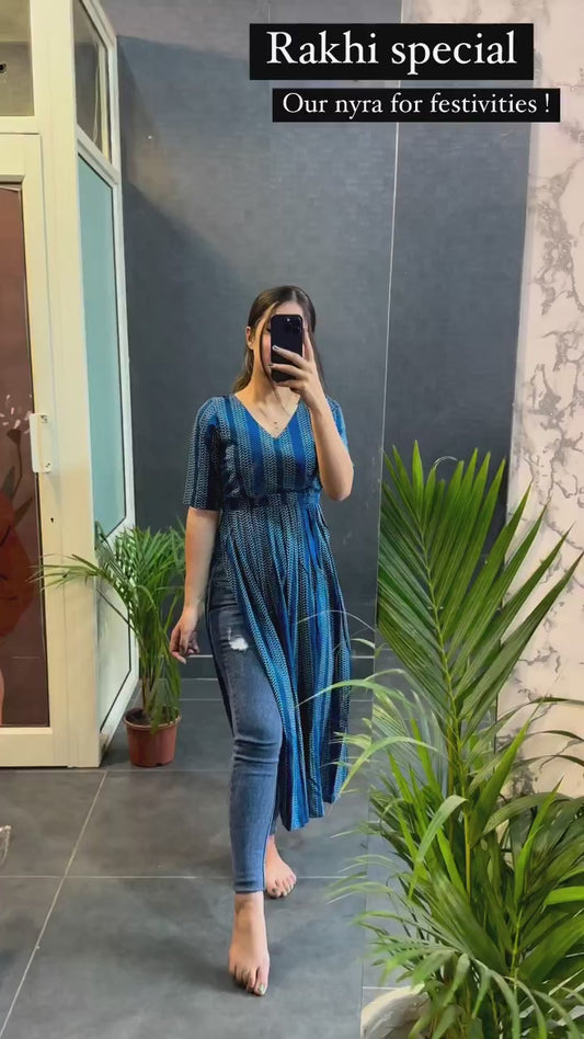 New Blue Patta Cotton Printed Nyra Cut Kurti